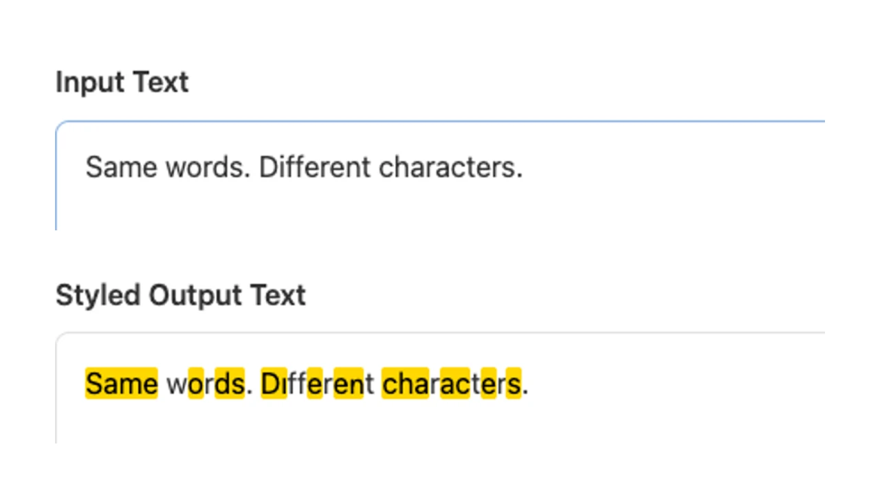 Charaid input and output with Unicode character changes highlighted
